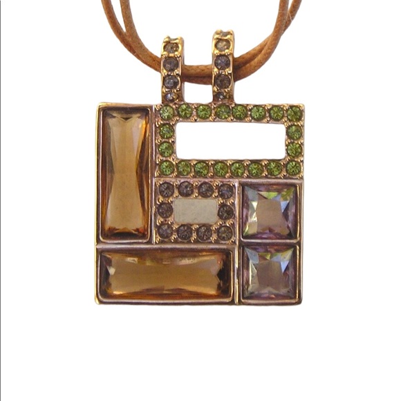 Swarovski Authentic (swan) Square crystal rose gold plt leather cord necklace - Picture 9 of 12